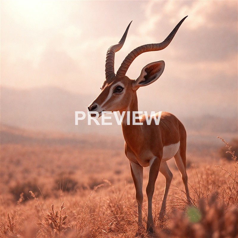 A gazelle standing in a grassy plain with a soft, cloudy sky in the background.